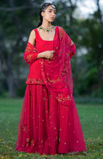 Red 3D Floral & Zardozi Hand Embroidered Sharara Set