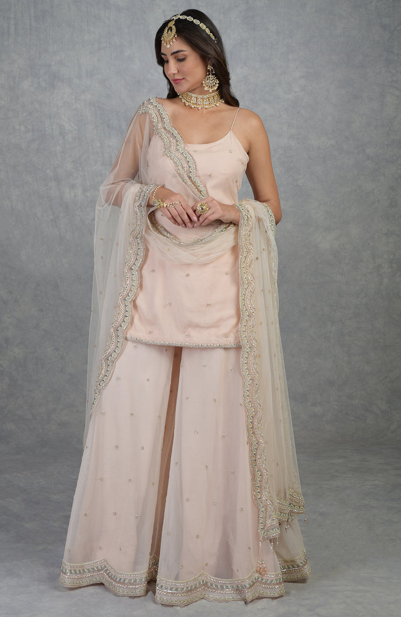 Champagne Pink Bead Sequin Hand Embroidered Sharara Set