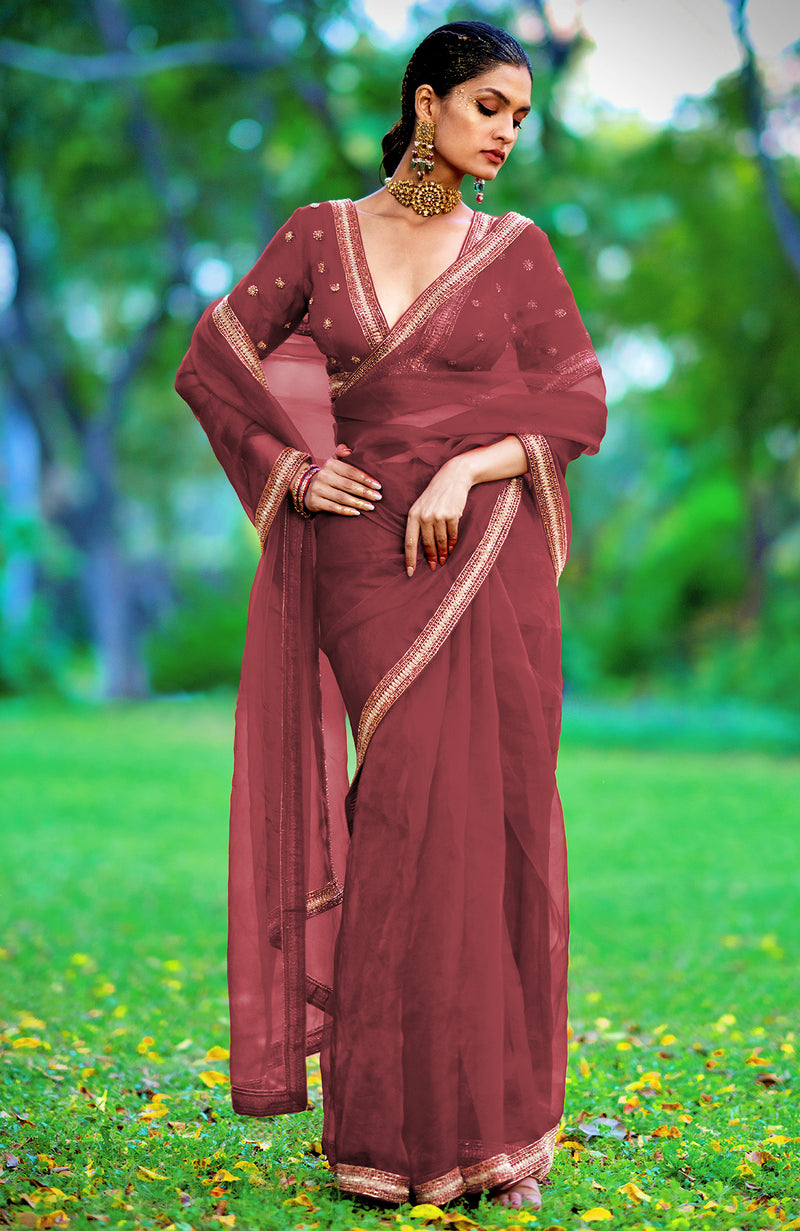 Tara - Red Crystal Beads & Zari Hand Embroidered Saree