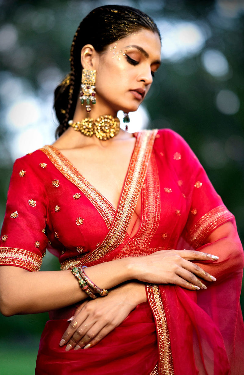 Tara - Red Crystal Beads & Zari Hand Embroidered Saree