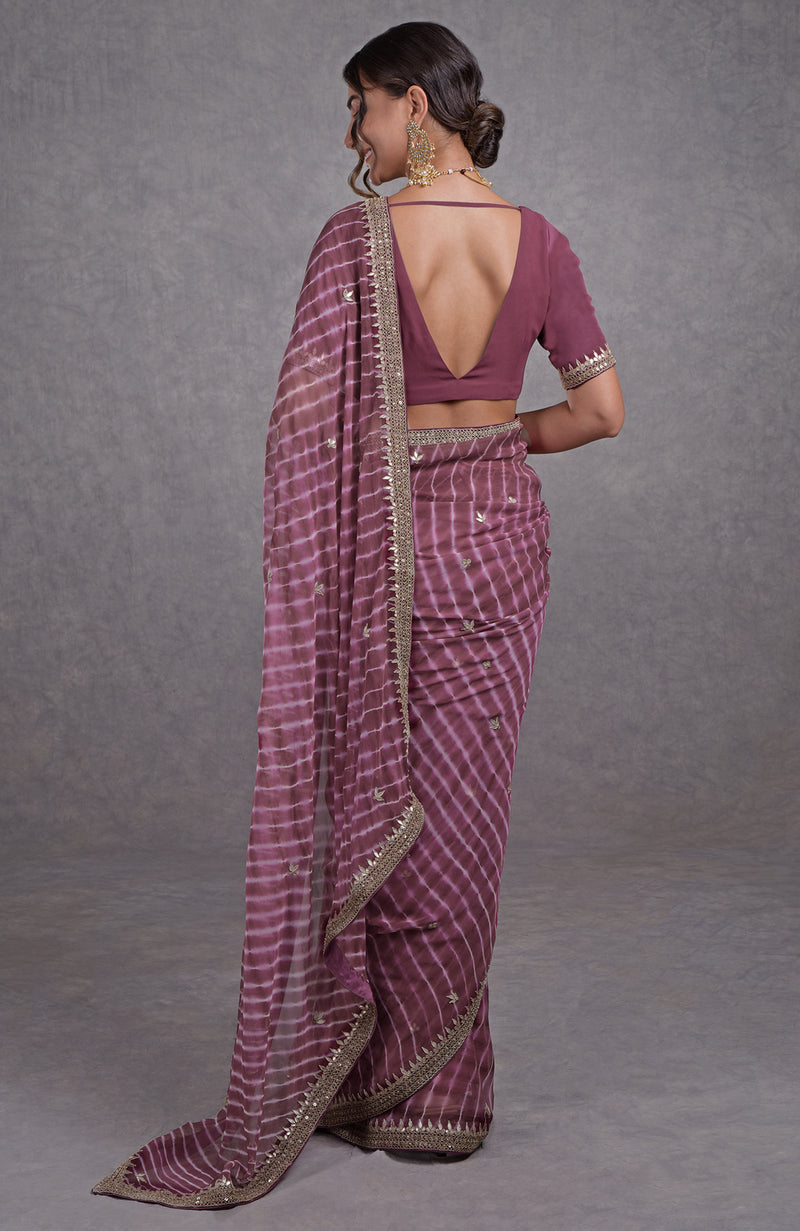Burgundy Purple Leheriya Rosegold Marori-Gota Patti Hand Embroidered Saree