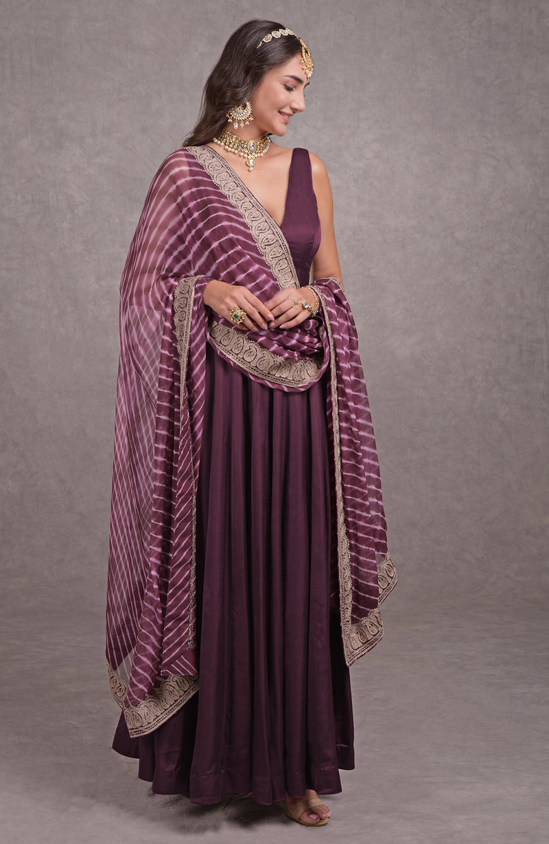 Burgundy Purple Leheriya-Tilla Embroidered Dupatta With Anarkali Set