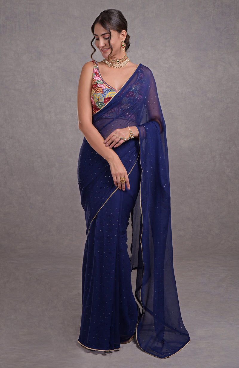 Mukaish Classic Blue- Multicolor Resham Dabka-Sequin-Beads & Kamdani Hand Embroidered Saree