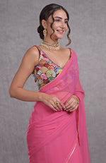 Hot Pink- Multicolor Resham Dabka-Sequin-Beads Hand Embroidered Saree