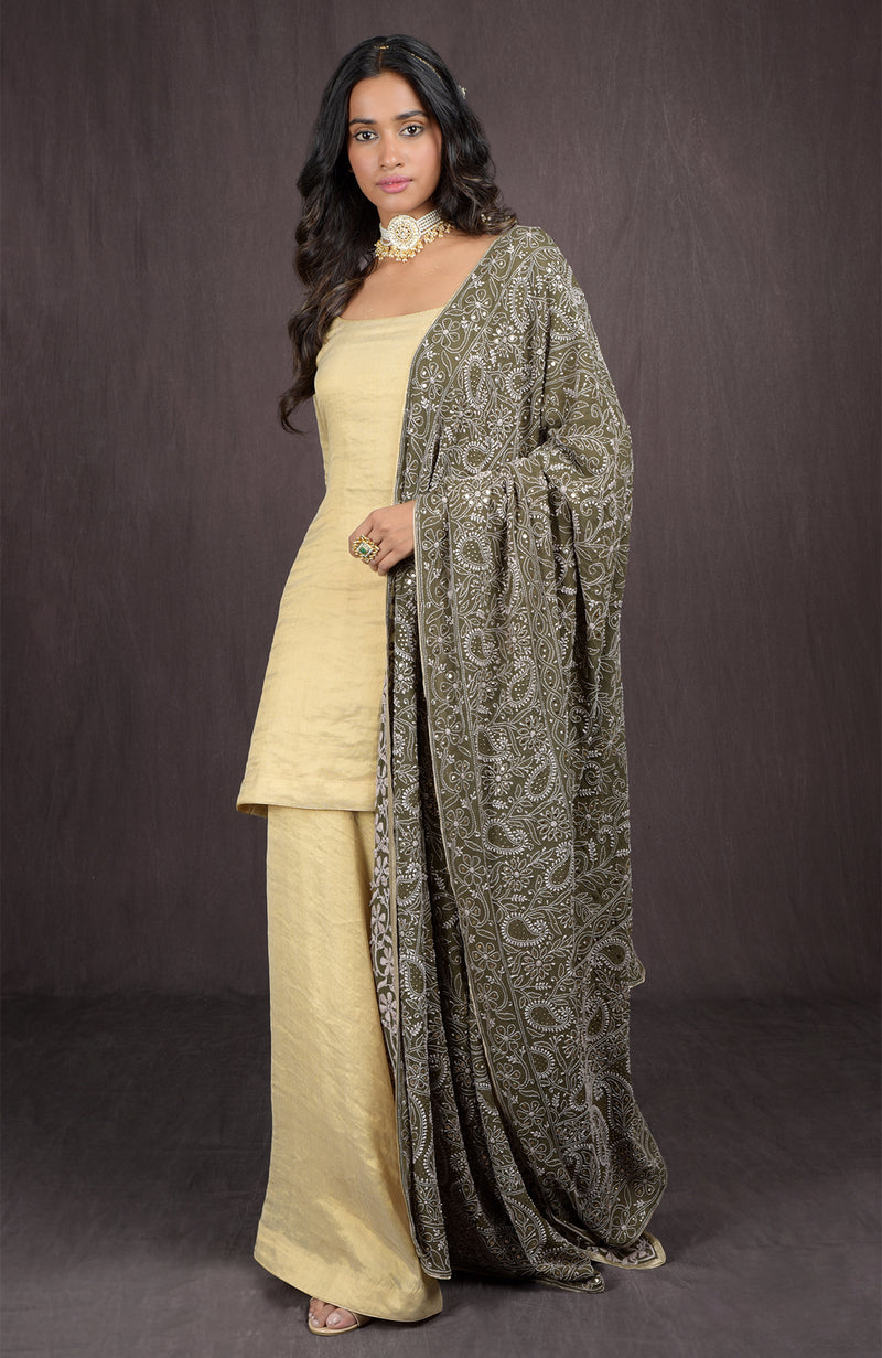 Olive Chikankari & Kamdani Dupatta With Gold Tissue Sharara Suit – Talking  Threads