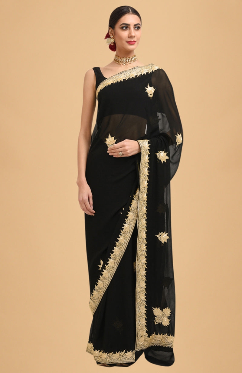 Black - Gold Kashmiri Tilla Embroidered Pure Georgette Saree