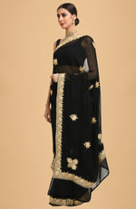 Black - Gold Kashmiri Tilla Embroidered Pure Georgette Saree