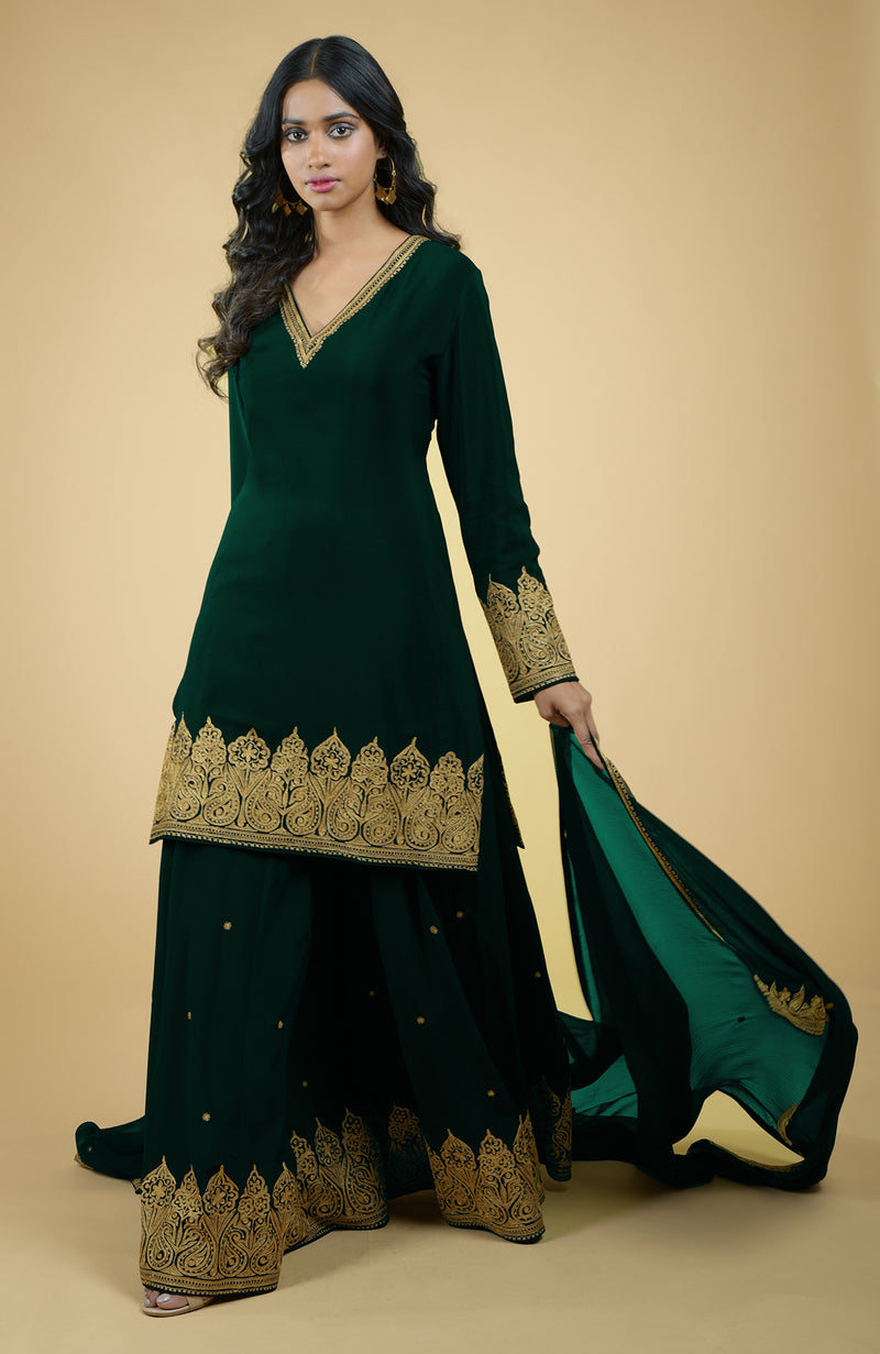 Emerald Green - Gold Tilla Aari Embroidered Sharara Set