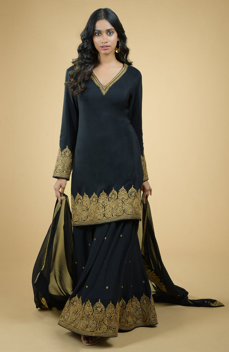 Cobalt Blue - Gold Tilla Aari Embroidered Sharara Set