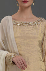 Ivory-Gold Silk Tissue and Chikankari Hand Embroidered Sharara Set