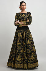 Black Gold Tilla Aari Embroidered Raw Silk Lehenga Set