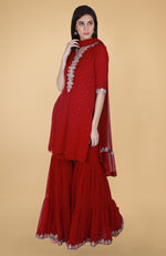 Scarlet Red Tilla And Mukaish Embroidered Gharara Suit