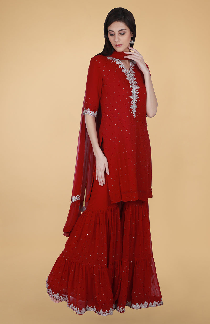 Scarlet Red Tilla And Mukaish Embroidered Gharara Suit