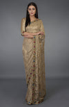 Beige Gold Parsi Gara Hand Embroidered French Chantilly Lace Saree