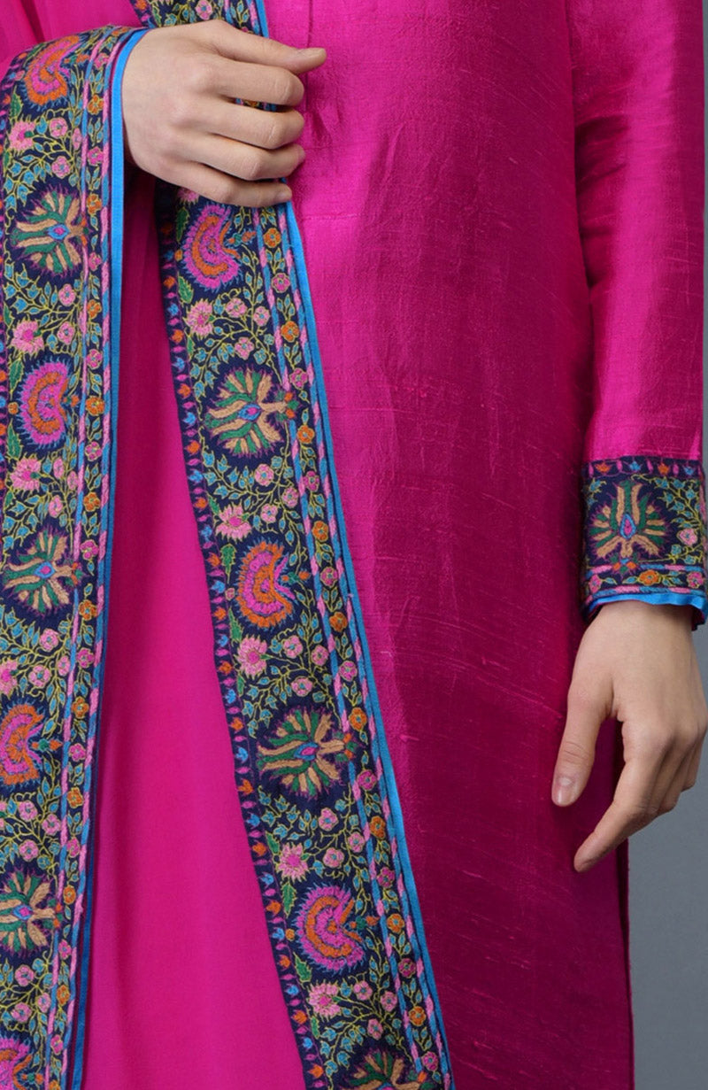 Hot Pink Kashmiri Kashidakari Hand Embroidered Pure Raw Silk Suit