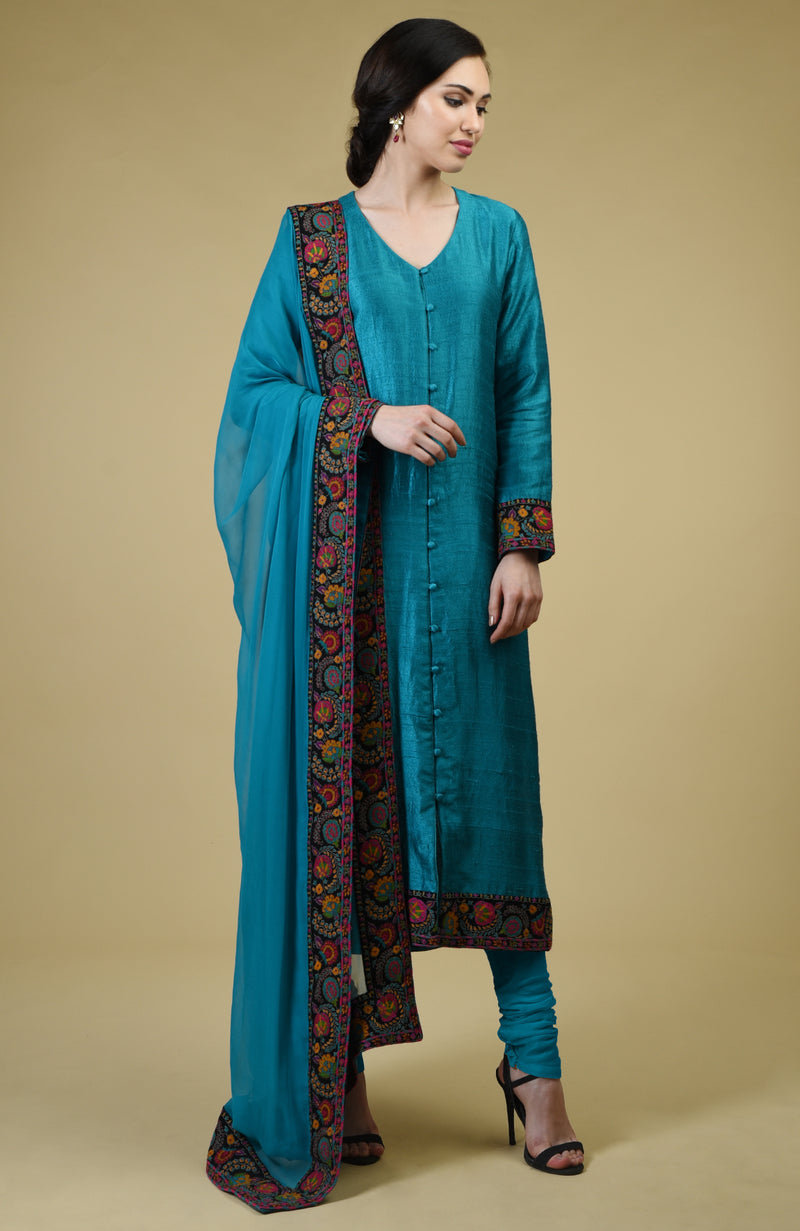 Teal Blue Kashmiri Kashidakari Hand Embroidered Suit