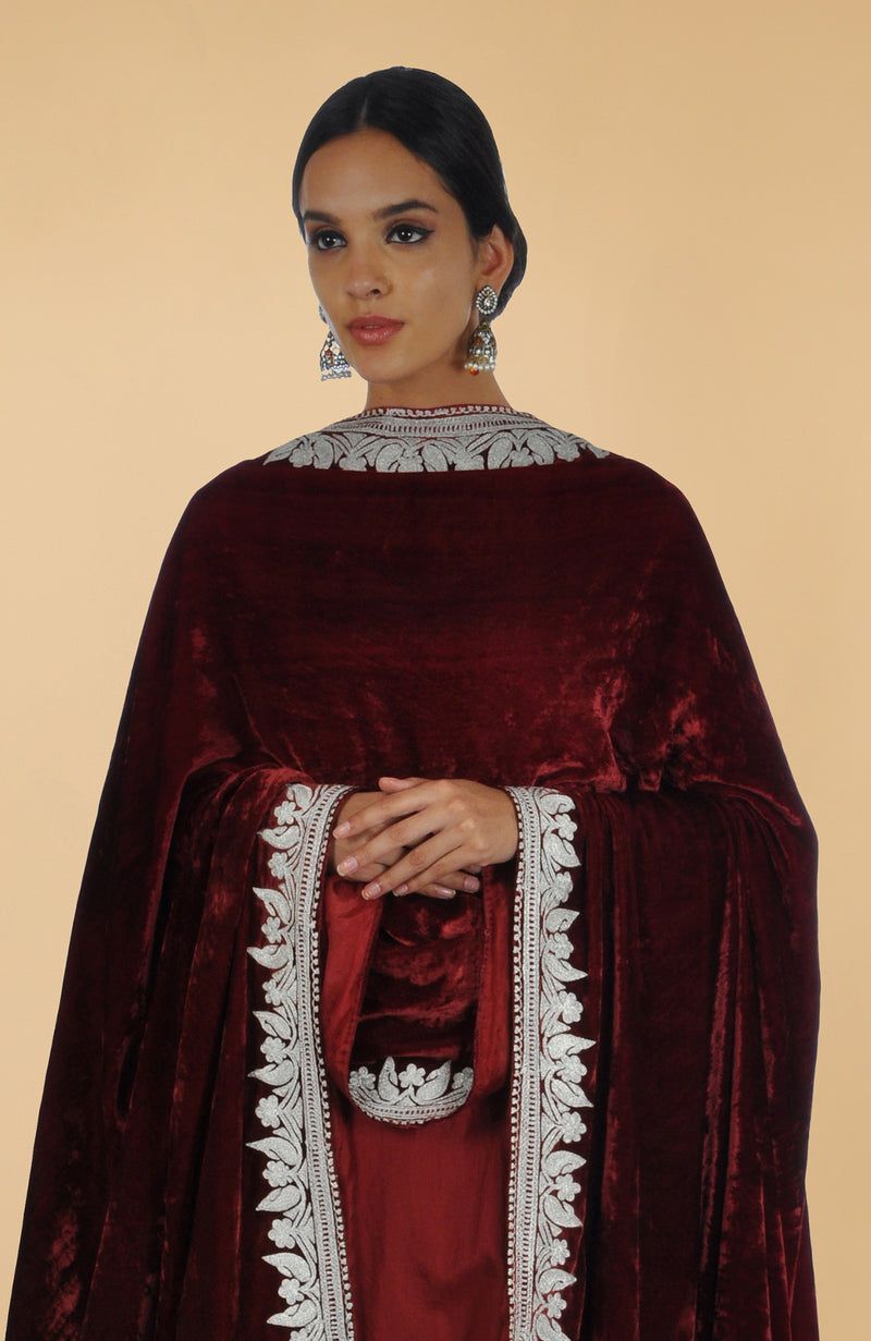 Burgundy Kashmiri Tilla Aari Embroidered Kurta Set