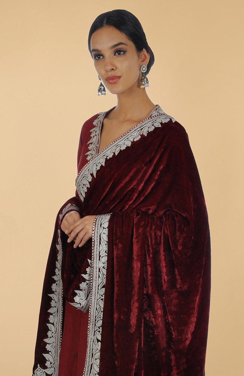 Burgundy Kashmiri Tilla Aari Embroidered Lehenga Set