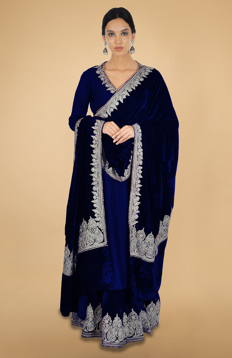 Electric Blue Kashmiri Tilla Aari Embroidered Lehenga Set