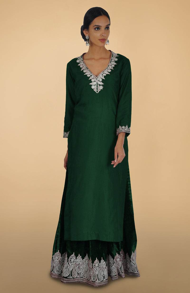 Emerald Kashmiri Tilla Aari Embroidered Lehenga Set