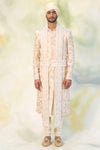 Ivory-Beige Floral Embroidered Silk Sherwani Set