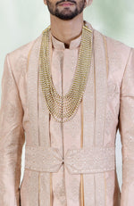 Beige Gold Embroidered Silk Sherwani Set