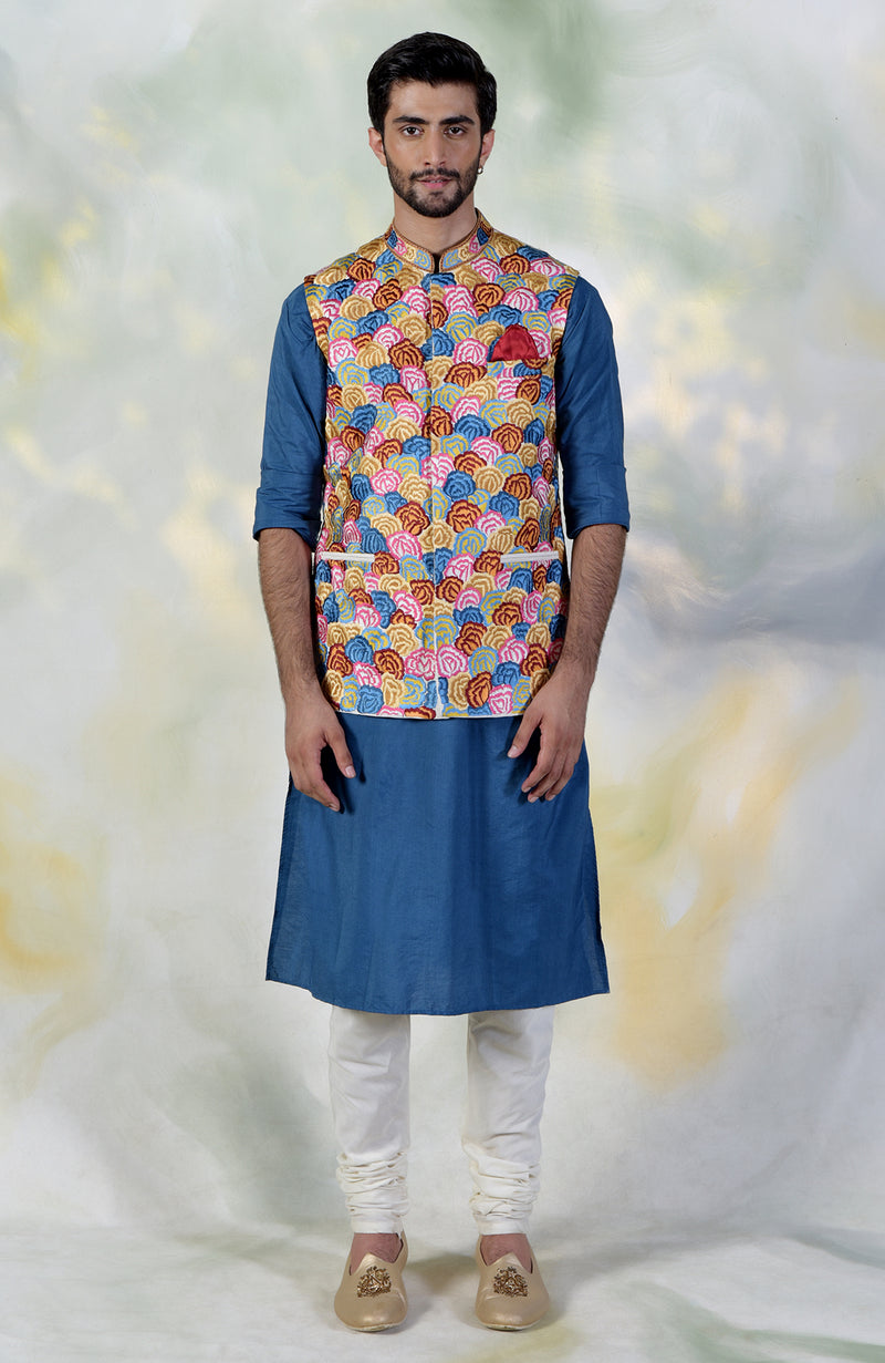 Multicolor Floral Embroidered Silk Bandi Jacket