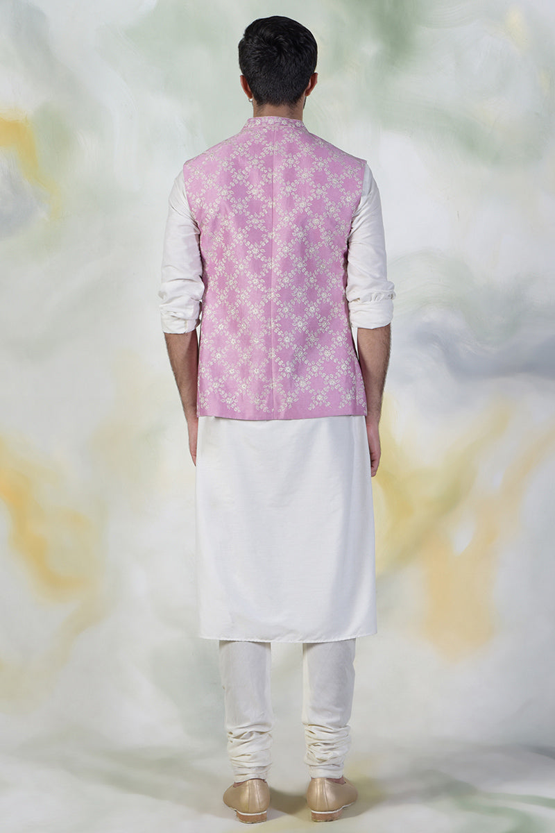 Onion Pink Floral Embroidered Silk Bandi Jacket Set