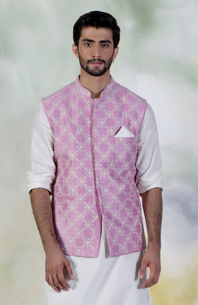 Onion Pink Floral Embroidered Silk Bandi Jacket Set
