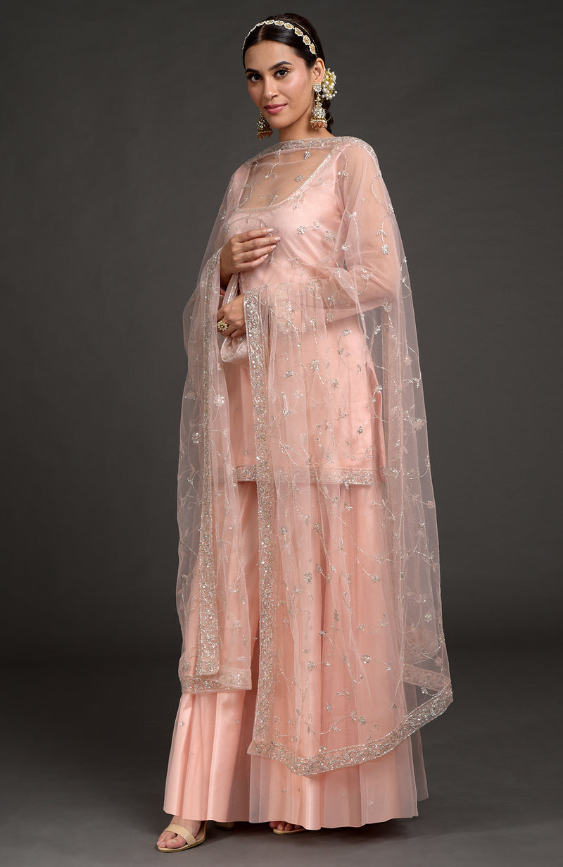 Nude Pink Zardozi Embroidered Tulle Sharara Set