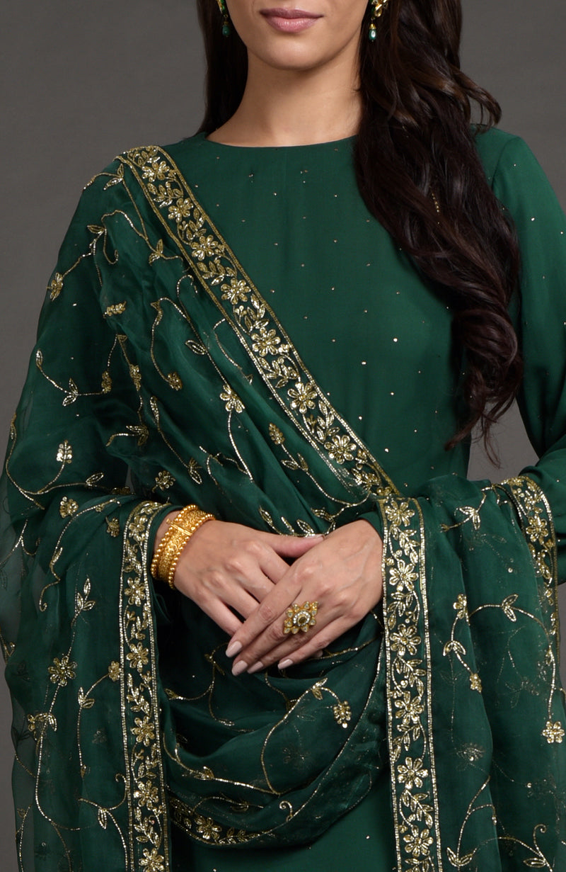 Emerald Green-Gold Zardozi Beads & Sequin Hand Embroidered Dupatta