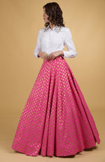 Jeweled Crystal Hand Embroidered Shirt With Raspberry Pink Benaras Weave Skirt