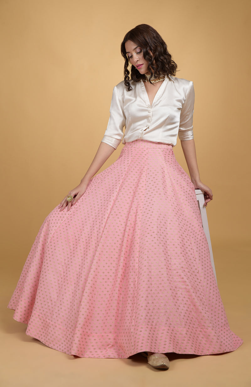 Strawberry Pink Benaras  Weave Skirt with Satin Silk Shirt