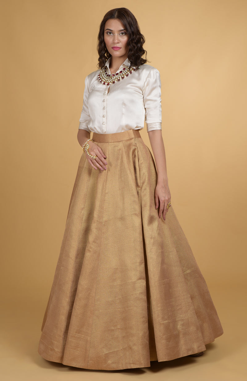 Antique Gold Brocade Skirt with Satin Silk Shirt