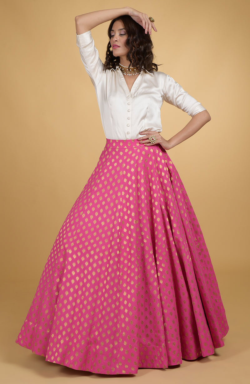 Strawberry Pink Benaras Weave Skirt with Satin Silk Shirt – Talking Threads
