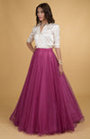 Pink Tulle Flared Skirt with Satin Silk Shirt