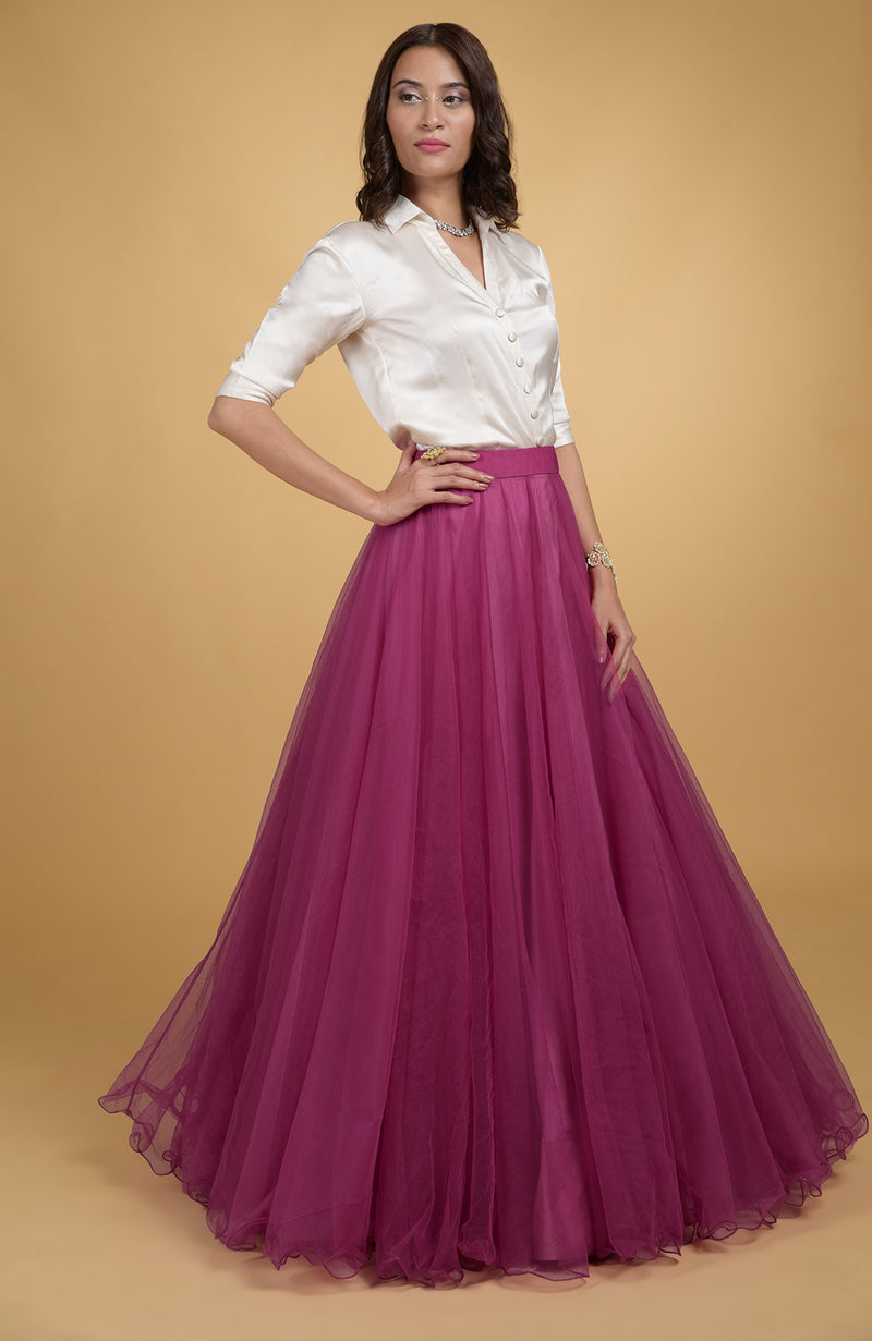 Pink Tulle Flared Skirt with Satin Silk Shirt