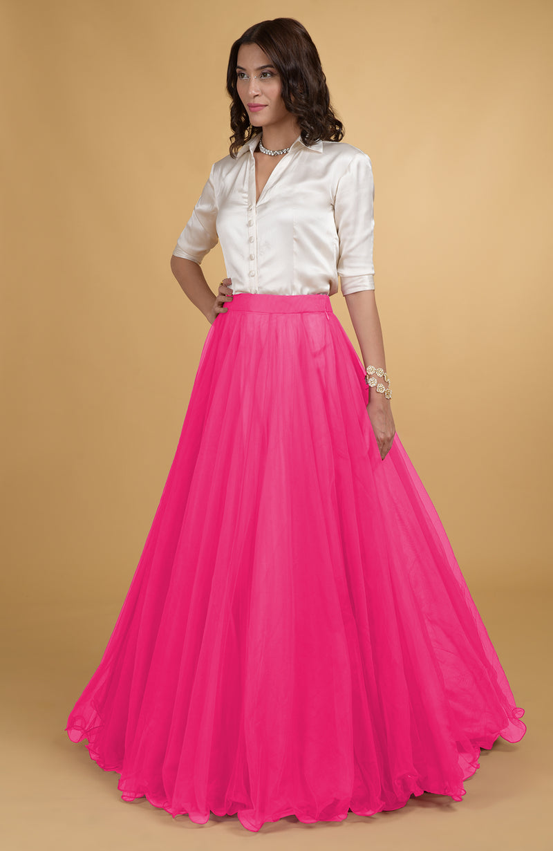 Hot Pink Tulle Flared Skirt