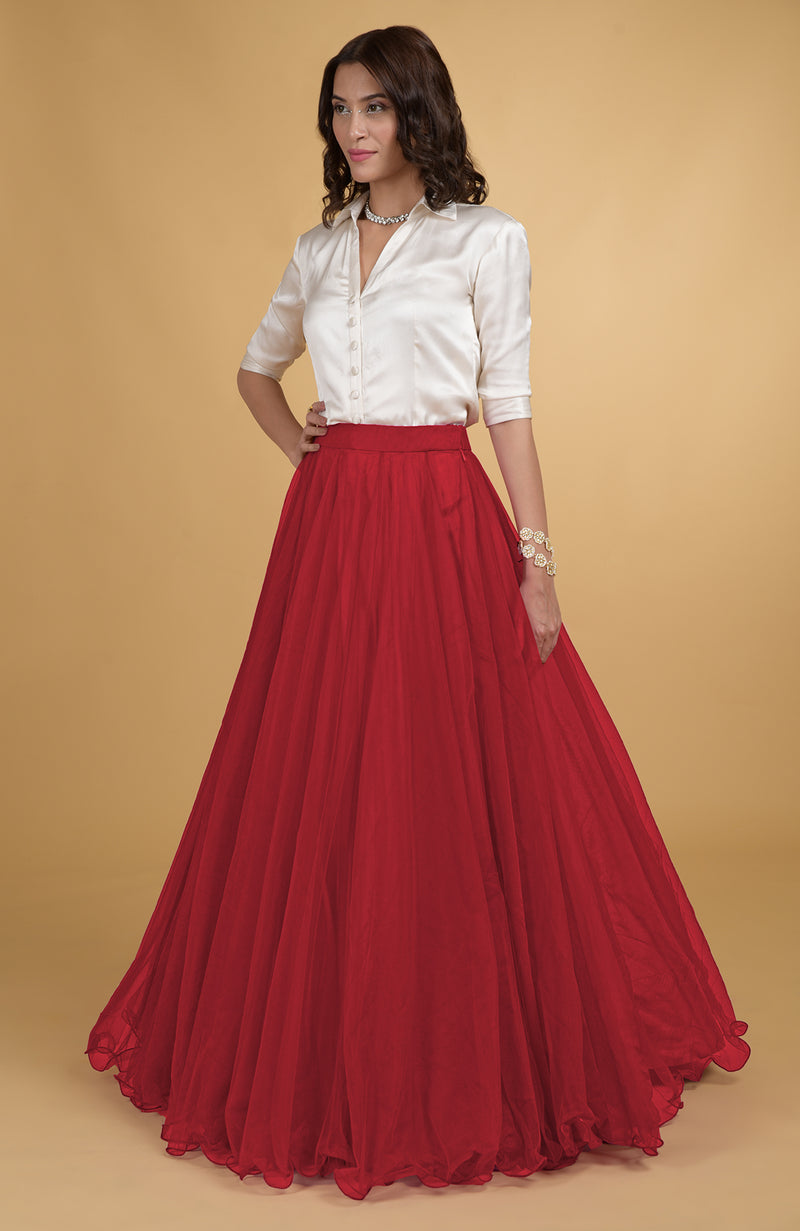 Scarlet Red Tulle Flared Skirt