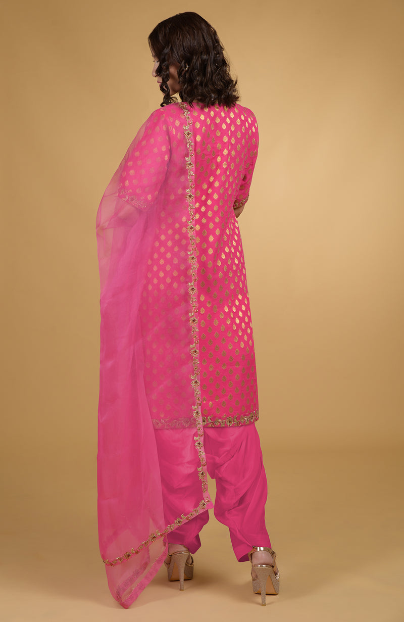 Raspberry Pink Benares Weave Zardozi Embroidered Suit