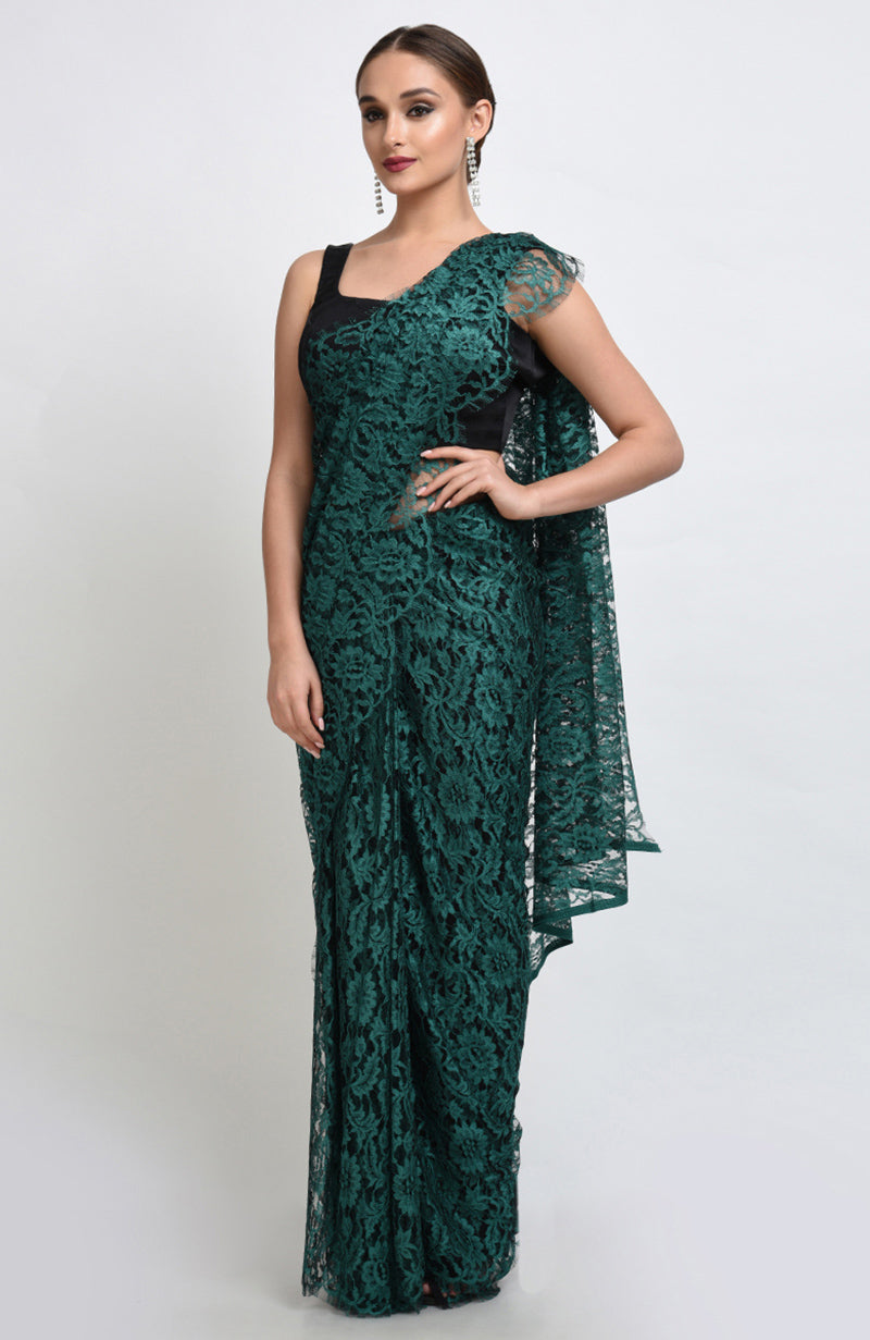 Peacock Green French Chantilly Lace Saree Set