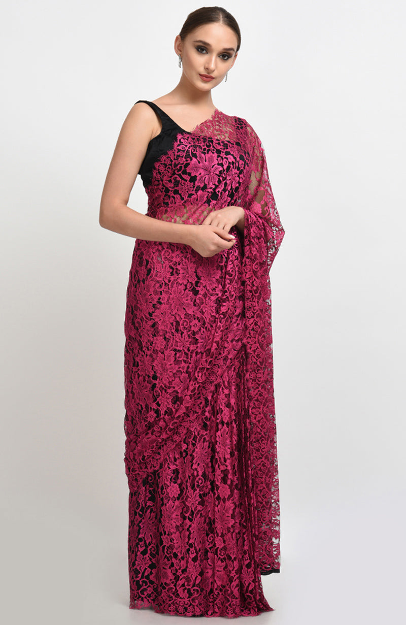 Raspberry French Chantilly Lace Saree Set