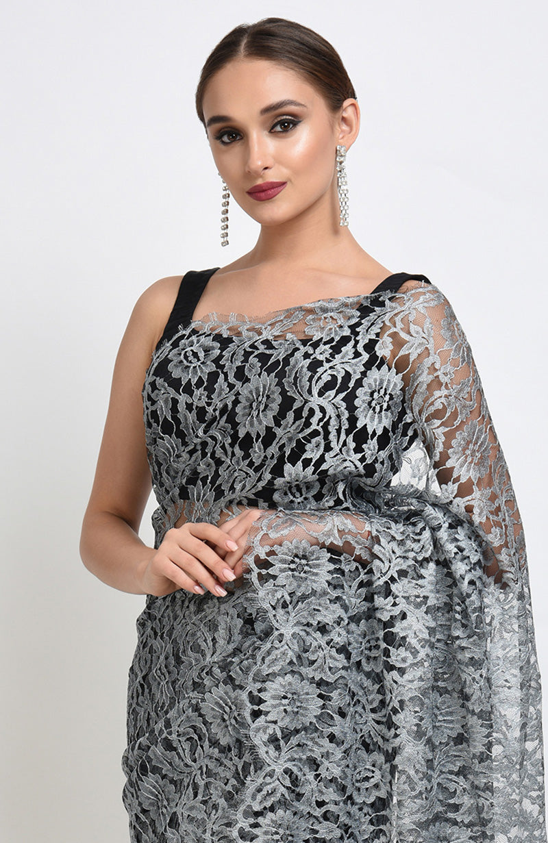 Silver Grey French Chantilly Lace Saree Set