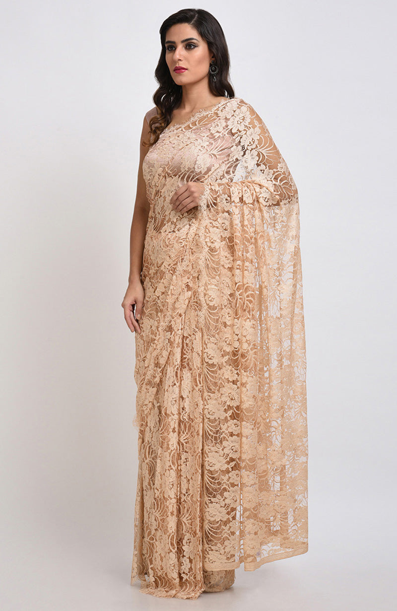 Nude French Chantilly Lace Saree Set