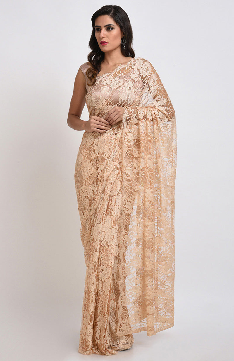 Nude French Chantilly Lace Saree Set
