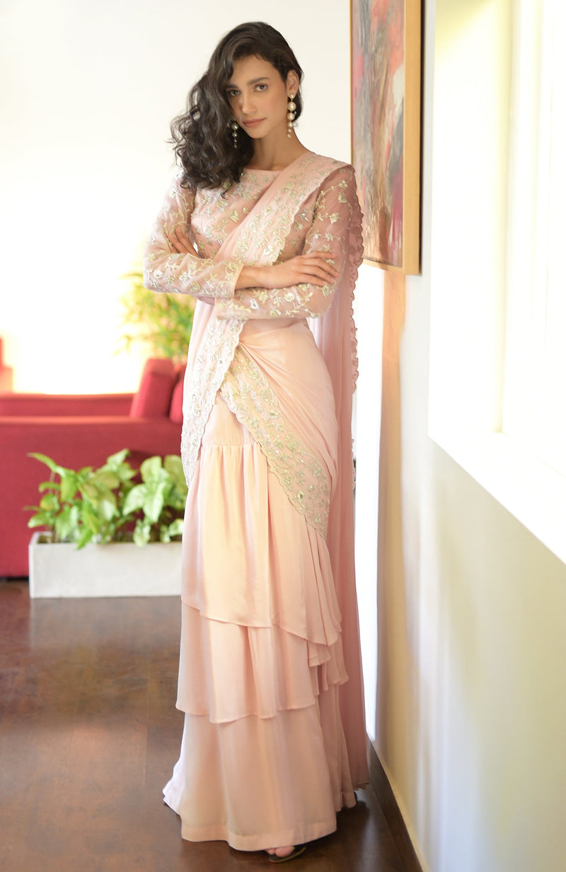 Nude Pink – Silver Embroidered Draped Saree Set