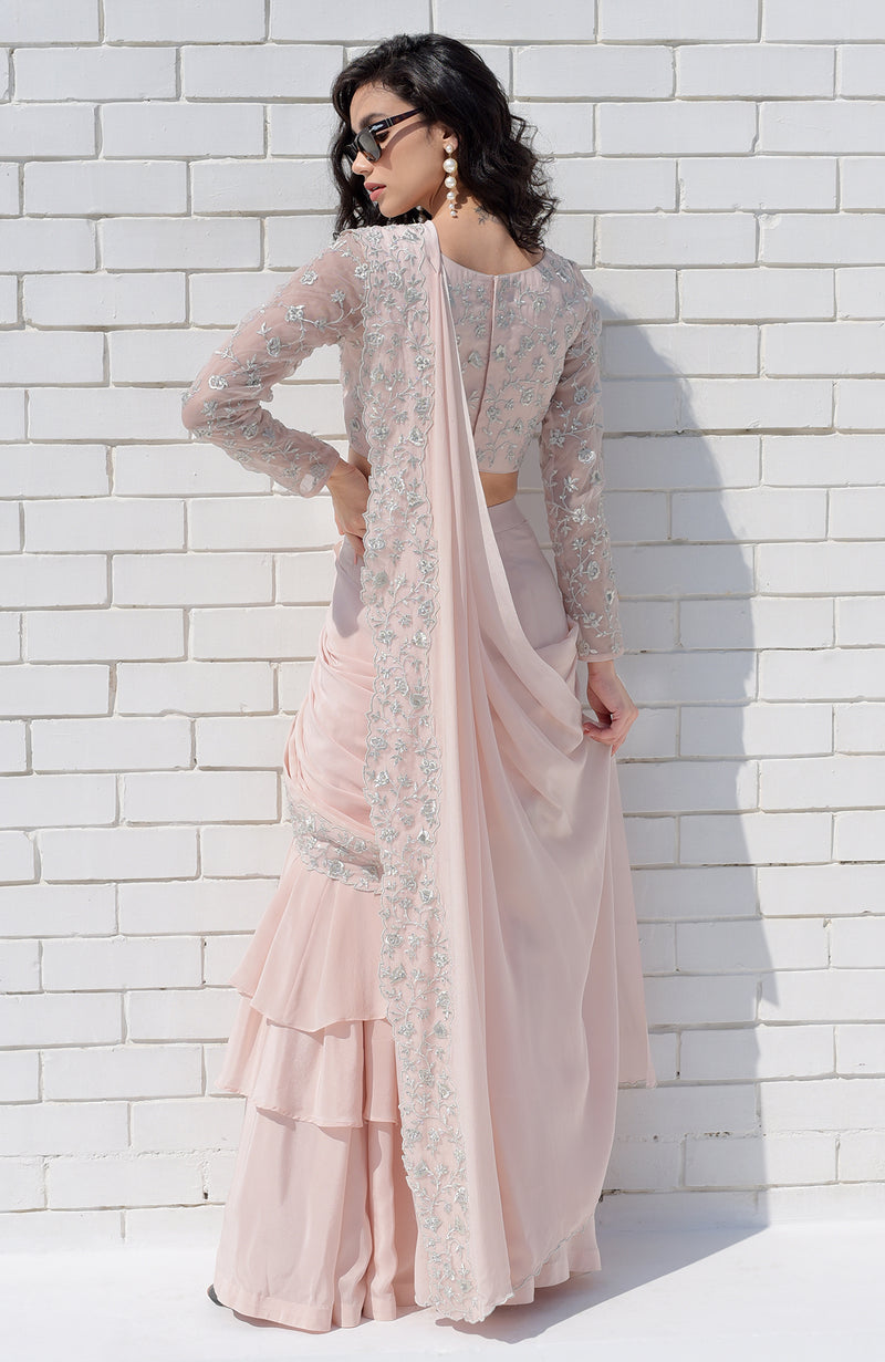 Nude Pink – Silver Embroidered Draped Saree Set