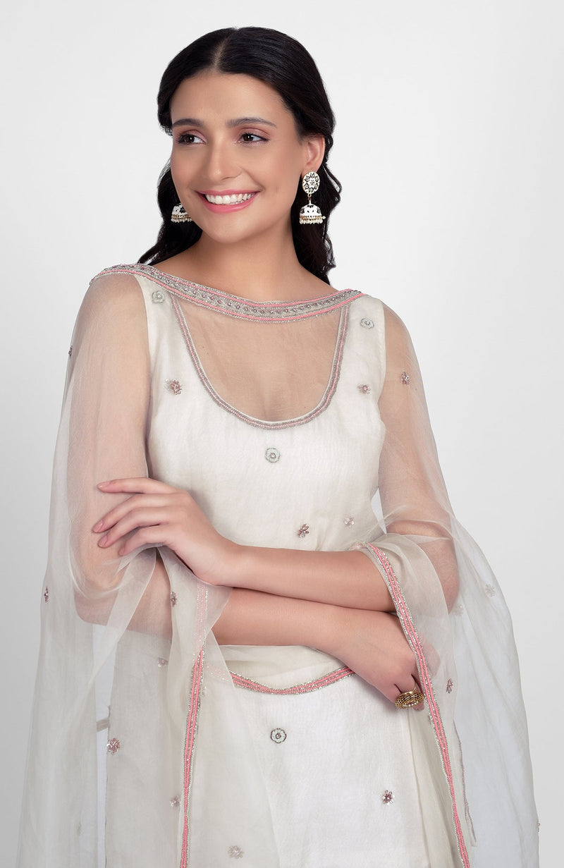 Off-White Hand Embroidered Sharara Set with Cape Dupatta