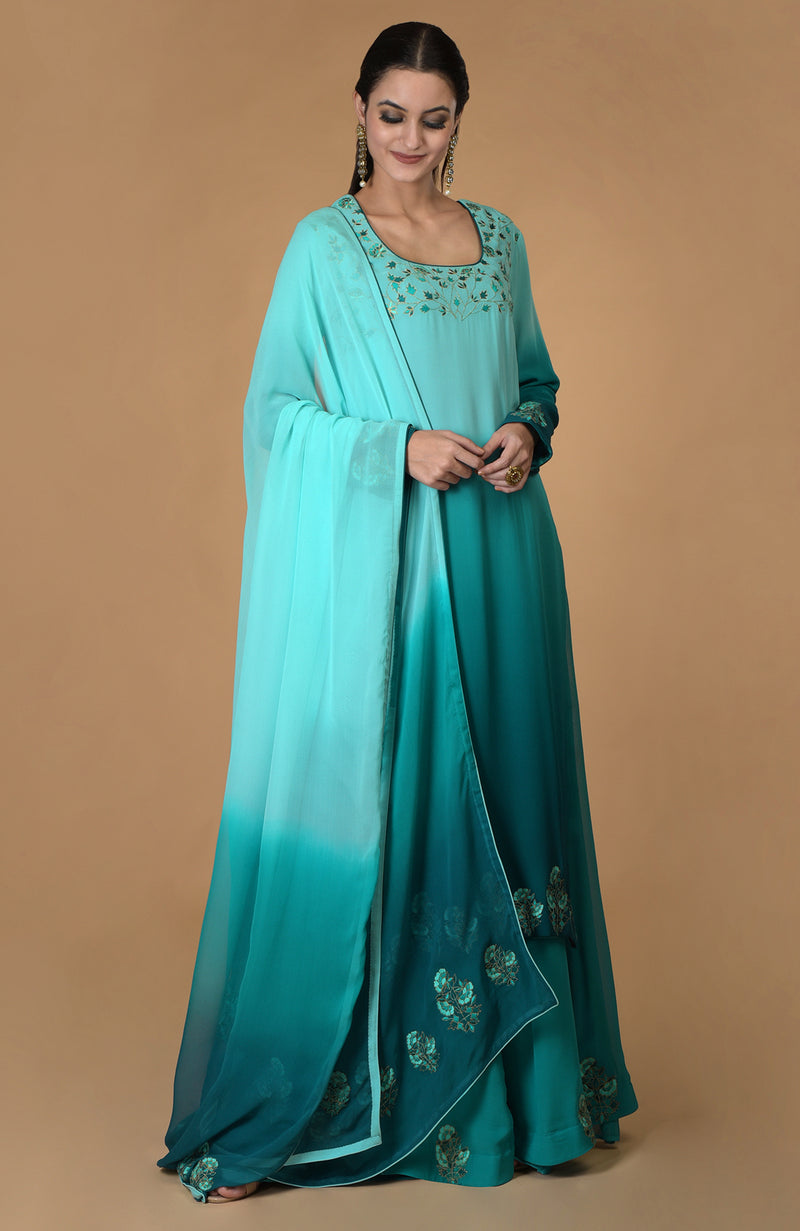 Blue-Turquoise  Ombre Resham & Tilla Embroidered Kurta Set