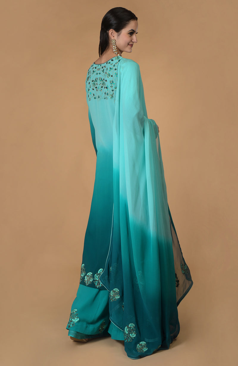 Blue-Turquoise  Ombre Resham & Tilla Embroidered Kurta Set